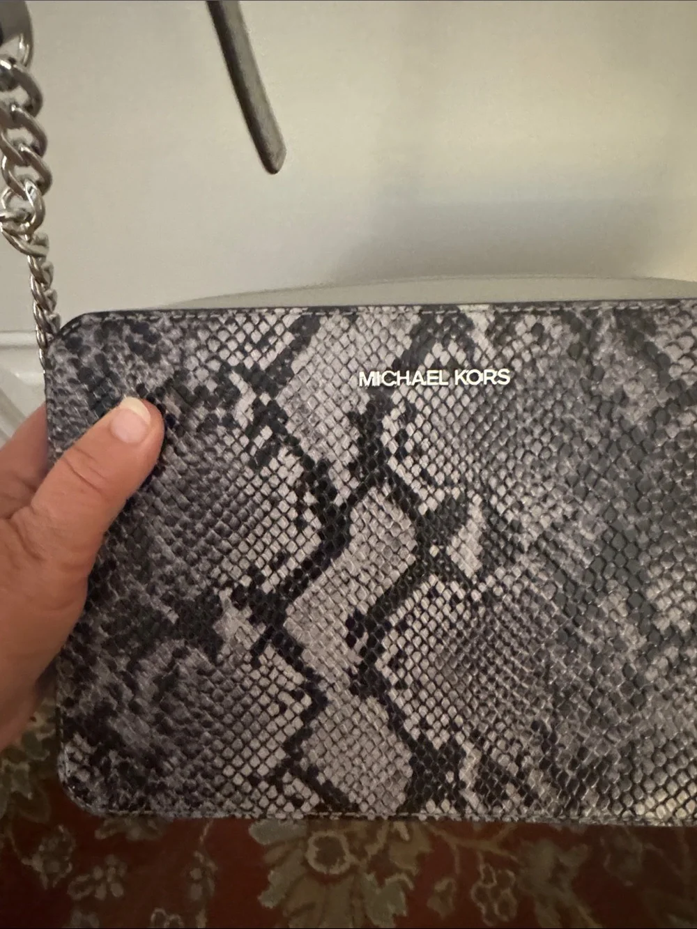 Michael Kors Grey Snake-Print Crossbody with Chain Strap